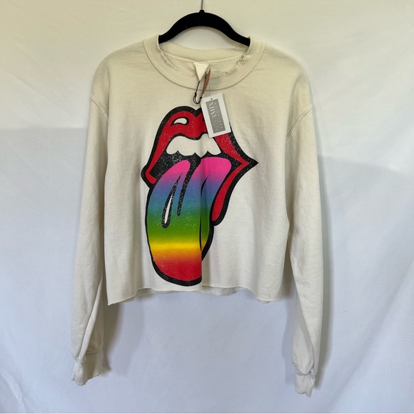 ❤️NWT intermix madeworn cropped rolling stones graphic sweatshirt in ivory - Picture 7 of 12